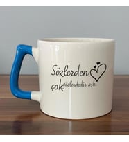Sözlerden Çok Gözlerdedir Aşk Baskılı Mavi Kulplu D Kupa