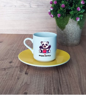 Sevimli Panda Türk Kahvesi Fincanı Sarı Doğum Günü Hediyesi