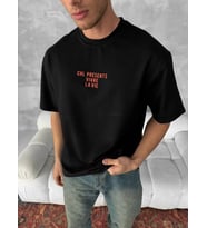 Ön Ve Arka Baskılı Oversize Bisiklet Yaka T-shirt- Siyah