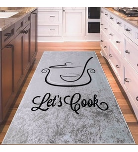 Gri Let's Cook Yazılı Yıkanabilir Kaymaz Taban Leke Tutmaz Modern Salon Halısı ve Yolluk (Siyah)