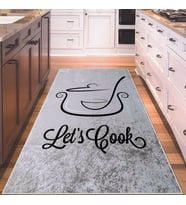 Gri Let's Cook Yazılı Yıkanabilir Kaymaz Taban Leke Tutmaz Modern Salon Halısı ve Yolluk (Siyah)