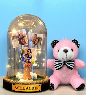 Kişiye Özel Tasarlanacak Led Işıklı Fanus ve Pembe Peluş Anahtarlık Hediye Seti (Model 9)
