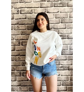 Beyaz Renk Baskısız 3 İplik Unisex Sweatshirt