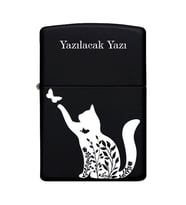 Kedi Desenli Kişiye Özel İsimli Benzinli Siyah Metal Çakmak ZP178