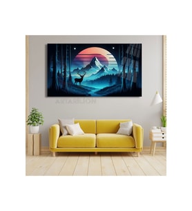 Dağ ve Geyik Görseli Kırılmaz Cam Tablo Salon Tablosu HD Dijital Baskı Tablo