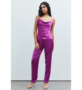 Brûleur Fuşya Degaje Yaka Askılı Uzun Saten Pijama Takımı