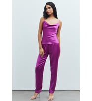 Brûleur Fuşya Degaje Yaka Askılı Uzun Saten Pijama Takımı