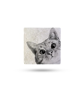 Doğaltaş Bardak Altlığı Sevimli Kedi Baskılı 10x10cm %100 Traverten Doğal Taş