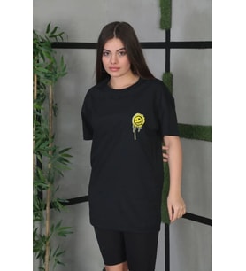 Kadın Bisiklet Yaka Baskılı Kısa kol Oversize T-Shirt - Siyah