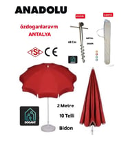 Dogant 2 Mt  Kırmızı   Deniz Balkon Havuz Plaj  Şemsiyesi + Bidon +Kazık +Çanta