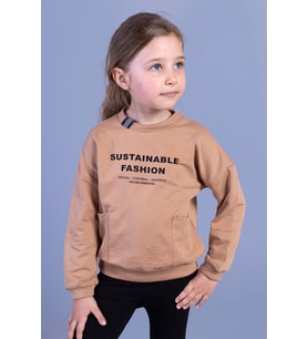 Toontoy Kız Çocuk Cep Detaylı Baskılı Sweatshirt (Kahverengi)