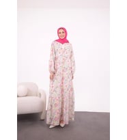 Yarım pat çiçekli elbise (Pudra Pembe)