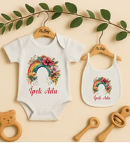 Pia Baby Premium %100 Pamuk İsme Özel Organik Baskılı Çıtçıtlı Bebek Body Ve Önlük 5066-20 (Ekru)