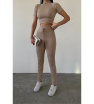 Nare Bej Pantolon Crop Bluz Alt Üst Takım (Bej)