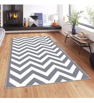 Zigzag Desenli Gri Beyaz Dijital Baskı Yıkanabilir Kaymaz Taban Modern Salon Halısı (Gri-Beyaz)