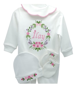 Rococo Desenli Kız Bebek Hastane Çıkışı 3 lü Set (Ekru)