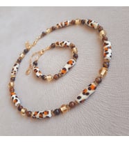 Murano Leopar Kaplan Gözü Doğal Taş Kolye Bileklik Seti (Açık Kahve-Ekru)
