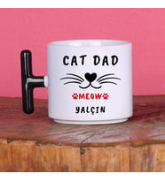 Kişiye Özel Kedi Babası Tasarımlı İsimli Cat Dad Yazılı Kupa Bardak Arkadaşa Hediye