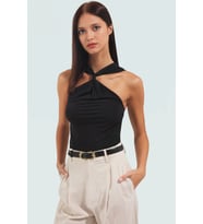 Şık Fitted Örme Bluz Altın Detay V Yaka Yazlık Özel Tasarım Trend Günlük Kullanım İçin (Siyah)
