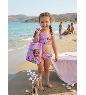 Cg Kids Frozen Elsa Baskılı Kız Çocuk Çantalı Fırfırlı Üçlü Bikini Takımı