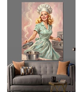 Pin-Up Tarzı Sarışın Şef Dekoratif Kanvas - Mdf Ahşap Tablo
