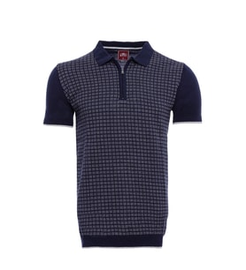 Polo Yaka Lacivert Desenli Fermuarlı Örme T-shirt  Wessi (Mavi)