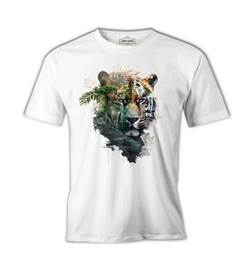 Tiger Head with Jungle Exposure Beyaz Erkek Tshirt