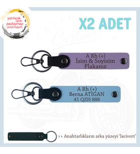 Hız Severlere Özel Süpriz, İsim Plaka ve A Rh (+) Kan Grubu Yazılı x2 Anahtarlık Set, Mor-Mavi-Laci