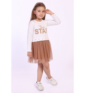 Toontoy Kız Çocuk Star Baskılı Tüllü Elbise (Ekru)