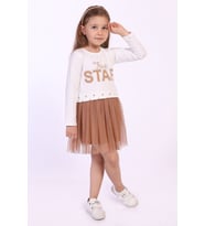 Toontoy Kız Çocuk Star Baskılı Tüllü Elbise (Ekru)