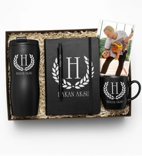 BK Gift Kişiye Özel İsimli Siyah Termos, 10x15cm Fotoğraf, Kupa, Defter, Tükenmez Kalem Hediye Seti-1  Babalar Günü Hediyesi, Yeni İş Hediyesi, Öğretmene Hediye