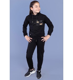 Toontoy Kız Çocuk Baskılı Balıkçı Yaka Eşofman Takımı (Siyah)