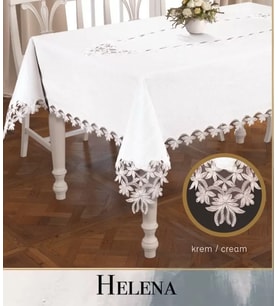 Keten Tek Masa Örtüsü Tablecloth 155x260 cm Dantelli Yemek Masası Örtüsü Helena Model Krem