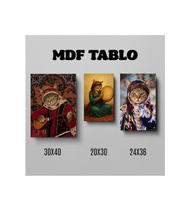 Tabloya Pisîkan - Saz Def ve Örtülü Kedi Görselli Tasarımlı Motifli Duvar Dekoratif Mdf Ahşap Retro Poster Tablo