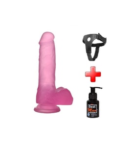 17,5 cm Belden Bağlamalı Şeffaf Realistik Damarlı Vantuzlu Pembe Dildo Penis