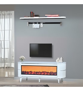 Dekoratif Şömineli TV Sehpası Uygulamalı 7 Renk Hoparlörlü Beyaz Gümüş 160x67x40 cm