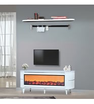 Dekoratif Şömineli TV Sehpası Uygulamalı 7 Renk Hoparlörlü Beyaz Gümüş 160x67x40 cm