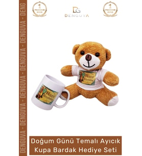 #AyıcıkSeti Happy Birthday Baskılı Tişörtlü Peluş Kahverengi Porselen Hediye Ayıcık Kupa Bardak Seti