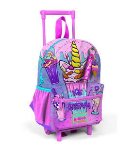 Minik Yuva Çekçekli Sırt Çantası Pembe Mor Milkshake Dondurma Desenli İki Bölmeli 24049