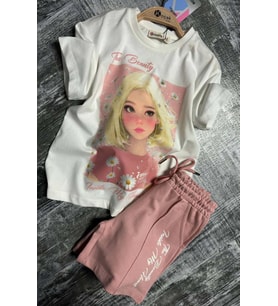 Kız Çocuk Papatya Ve The Beauty Yazı Baskılı Penye T-Shirt Pudra Şortlu Takım