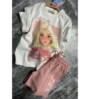 Kız Çocuk Papatya Ve The Beauty Yazı Baskılı Penye T-Shirt Pudra Şortlu Takım