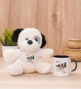 Kişiye Özel Youtube Tasarım Fotoğraflı Peluş Köpek ve Siyah Kupa