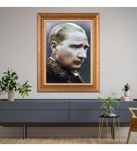 Altın Varaklı Çerçeveli Paspartulu Atatürk Tablo TR0938 (Gold)