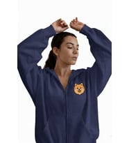 Kadın Pomeranian Baskılı Oversize Fermuarlı Hoodie (Lacivert)