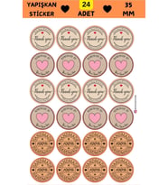 24 Adet - Kraft Görünümlü Thank You & Handmade Sticker- Paketleme Sticker - Handmade Etiket - Hediye (Pembe)