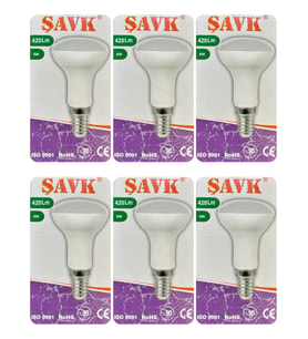 (6 Adet) Şavk 6W (37W) Beyaz Işık (6500K) E14 Duylu (İnce Duy) Led R50 Ampul