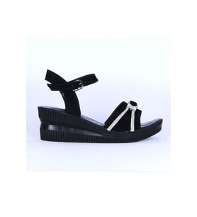 Moda Ayakkabı 150 Ortopedik Kadın 7Cm Süet Sandalet Ayakkabı (Siyah)