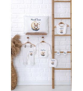 Pia Baby Premium %100 Pamuk İsme Özel Erkek Bebek Hediye Seti Zıbın Yastık Kılıfı 5082-06 (Ekru)