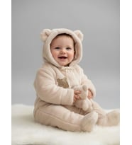 Bebek Peluş Kapüşonu Kulak Detaylı Tulum (Krem)