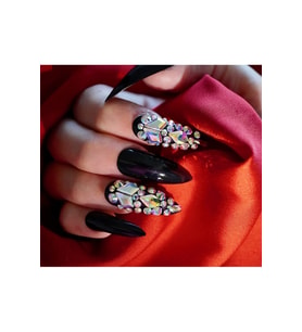 EDA LUXURY BEAUTY Siyah Takma Tırnak Lüks Parlak Kristal Taşlı Desenli Extra Uzun Sivri Uçlu Stiletto Nail Art Set E035
